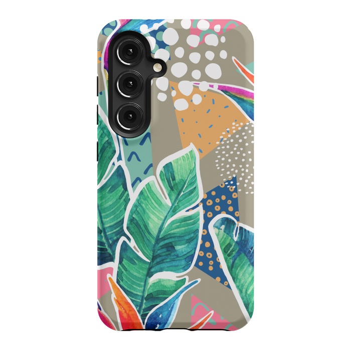 Galaxy S24 StrongFit Tropical Flowers Watercolors with Geometric Outline by ArtsCase