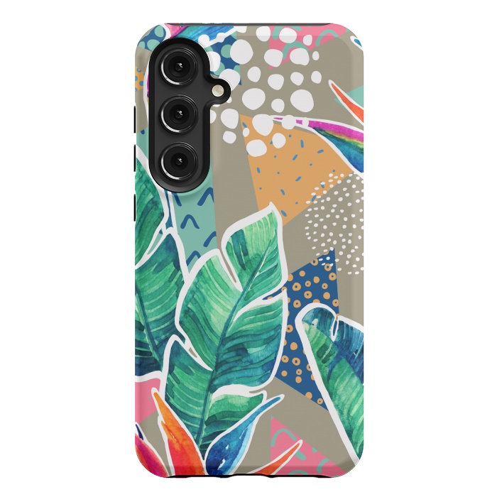 Galaxy S24 Plus StrongFit Tropical Flowers Watercolors with Geometric Outline by ArtsCase