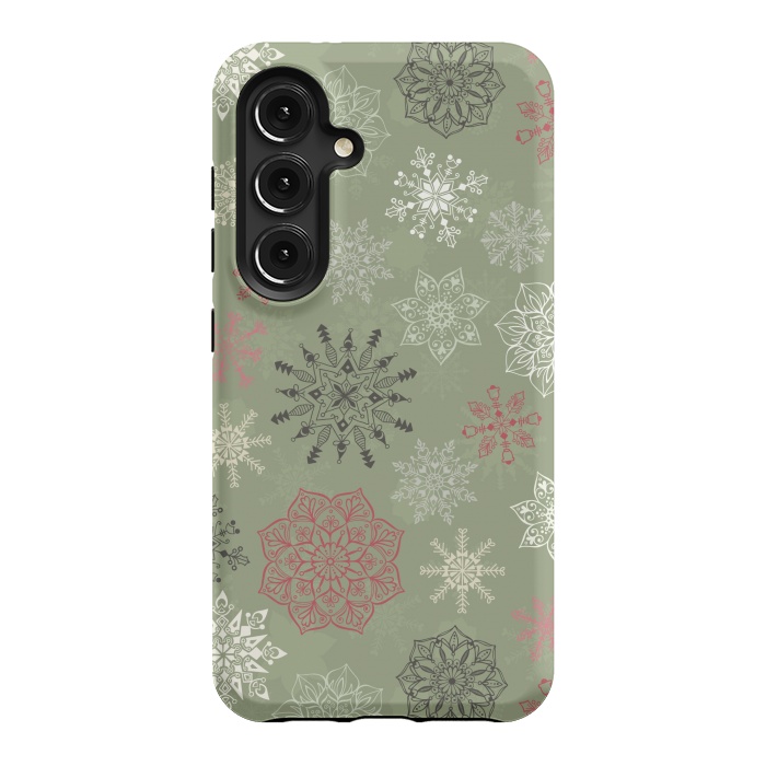 Galaxy S24 StrongFit Christmas Snowflakes on Dark Green by Paula Ohreen