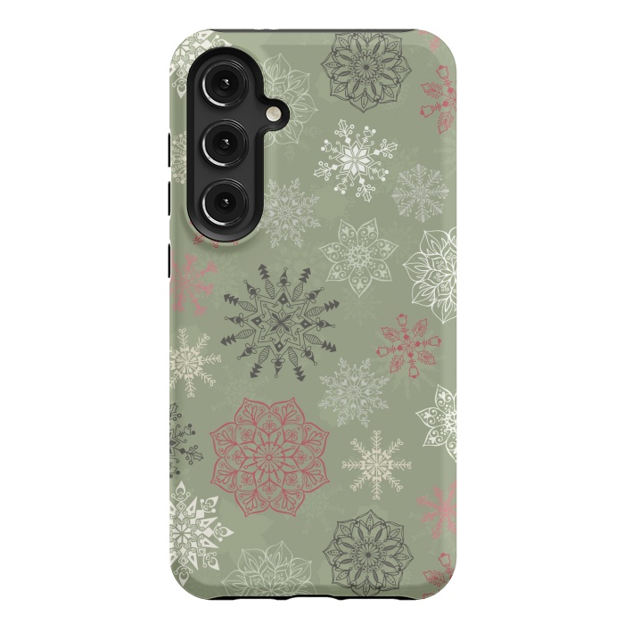 Galaxy S24 Plus StrongFit Christmas Snowflakes on Dark Green by Paula Ohreen