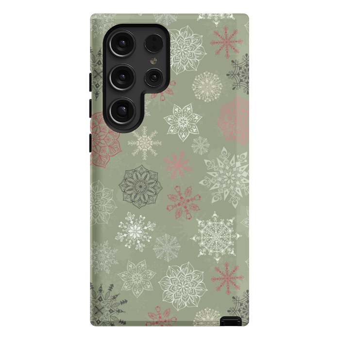 Galaxy S24 Ultra StrongFit Christmas Snowflakes on Dark Green by Paula Ohreen
