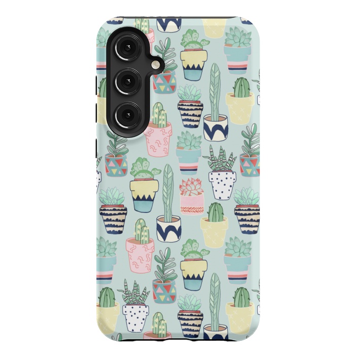 Galaxy S24 Plus StrongFit Cute Cacti In Pots on Mint Green by Tangerine-Tane