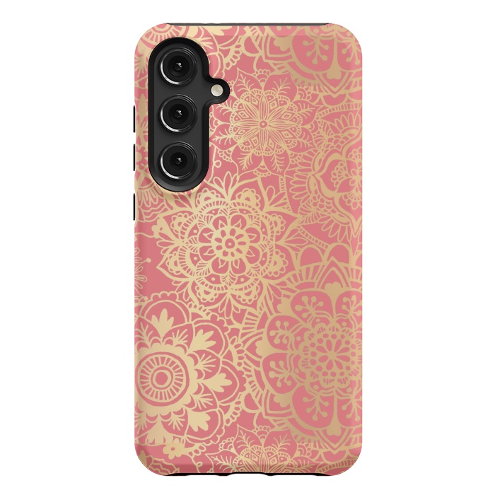 Galaxy S24 Plus StrongFit Coral Pink and Gold Mandala Pattern by Julie Erin Designs