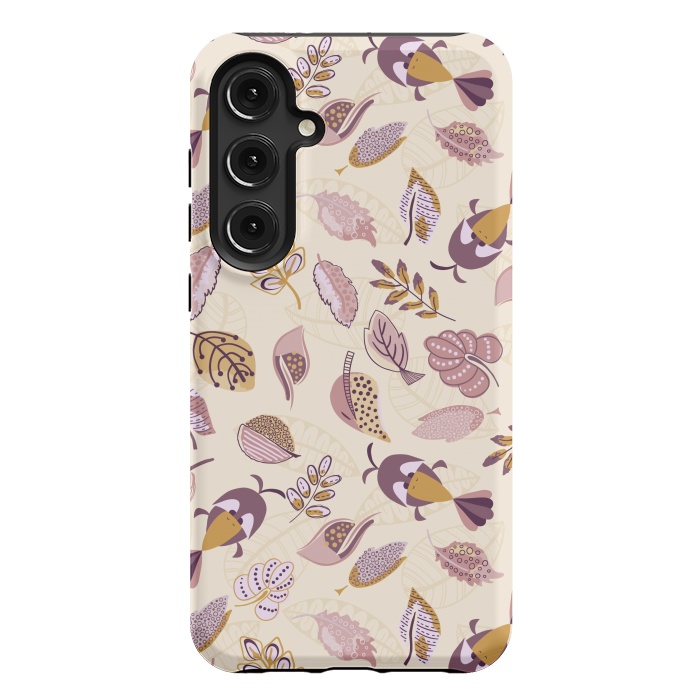 Galaxy S24 Plus StrongFit Cute parrots in a fun tossed pattern with funky leaves in purple and mustard by Paula Ohreen