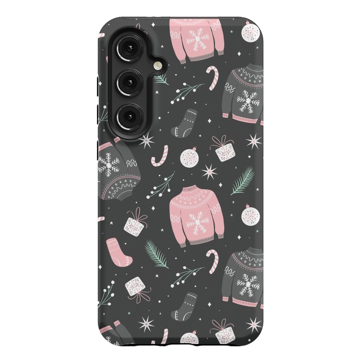 Galaxy S24 Plus StrongFit Christmas seamless pattern with ugly sweater. Woolen winter clothes and traditional festive elements and decoration, gray by Jelena Obradovic