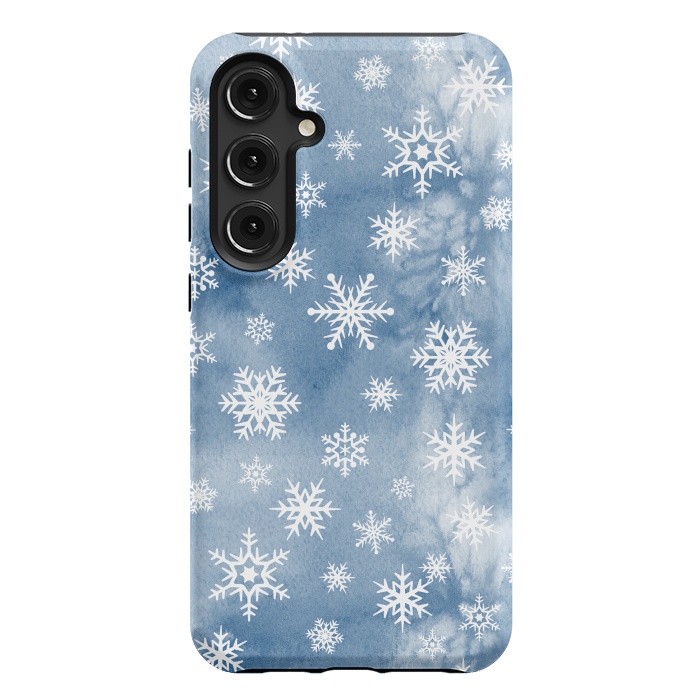 Galaxy S24 Plus StrongFit Blue white watercolor Christmas snowflakes by Oana 