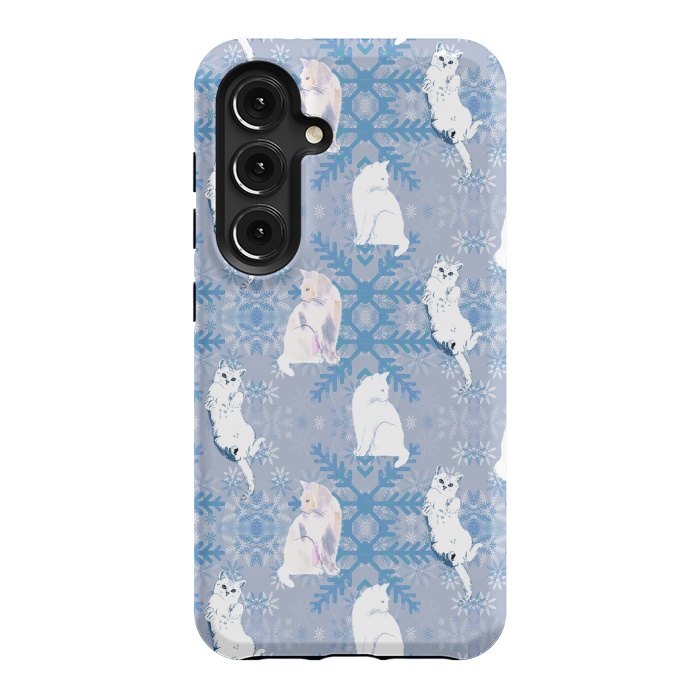 Galaxy S24 StrongFit Cute white cats and blue Christmas snowflakes by Oana 