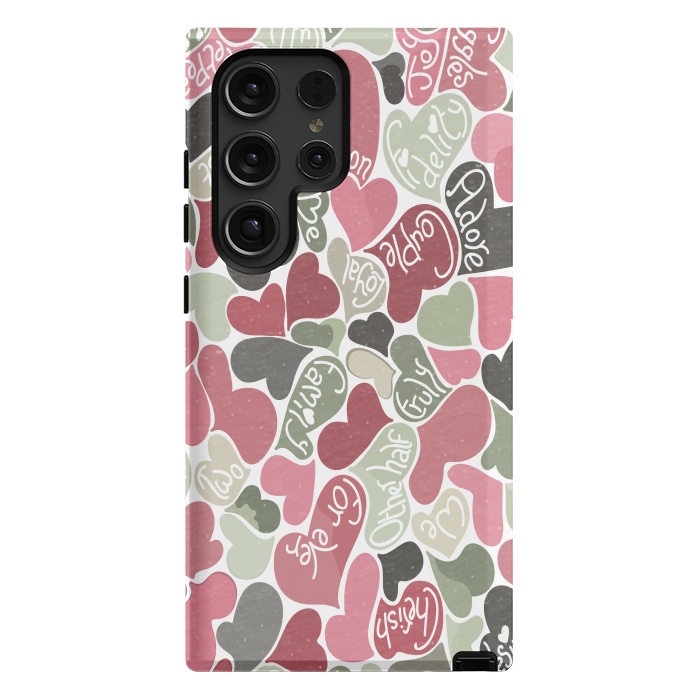 Galaxy S24 Ultra StrongFit Love hearts with loving words in pink and green by Paula Ohreen