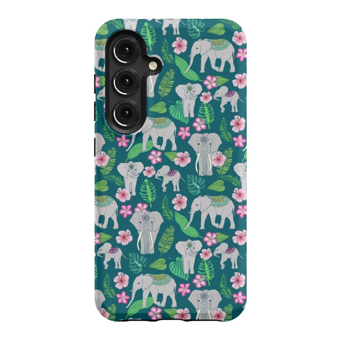Galaxy S24 StrongFit Elephants of the Jungle on Green by Tangerine-Tane