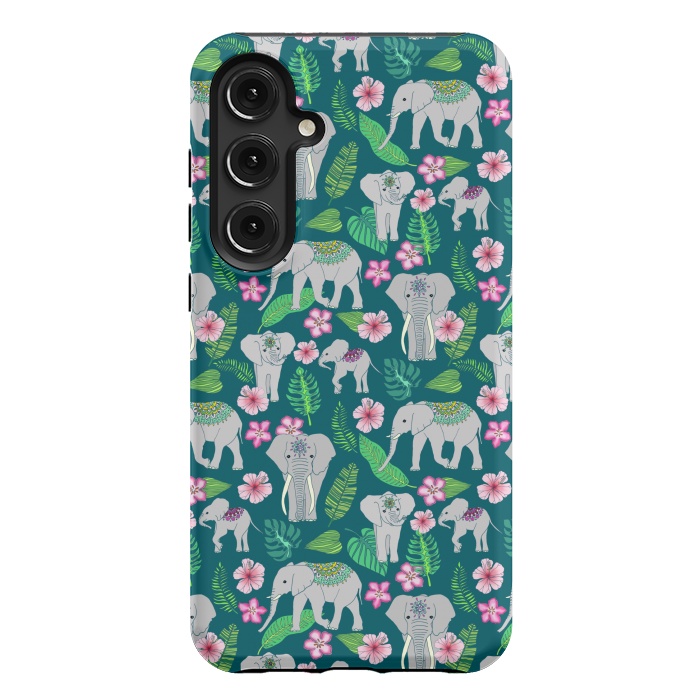 Galaxy S24 Plus StrongFit Elephants of the Jungle on Green by Tangerine-Tane
