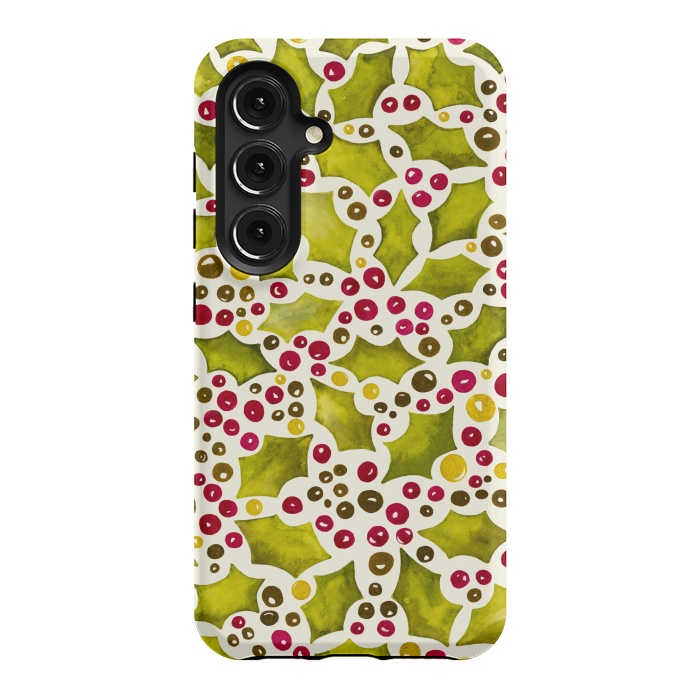 Galaxy S24 StrongFit Watercolour Christmas Holly and Berries Pattern by Paula Ohreen