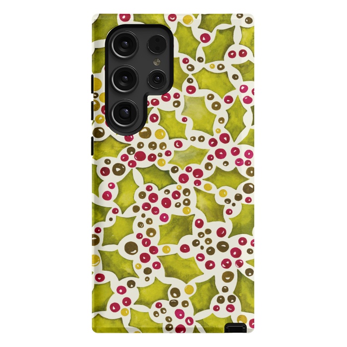 Galaxy S24 Ultra StrongFit Watercolour Christmas Holly and Berries Pattern by Paula Ohreen