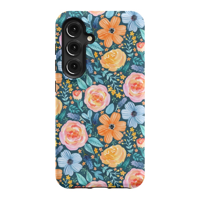 Galaxy S24 StrongFit Bold Blooms on Dark Teal by Tangerine-Tane