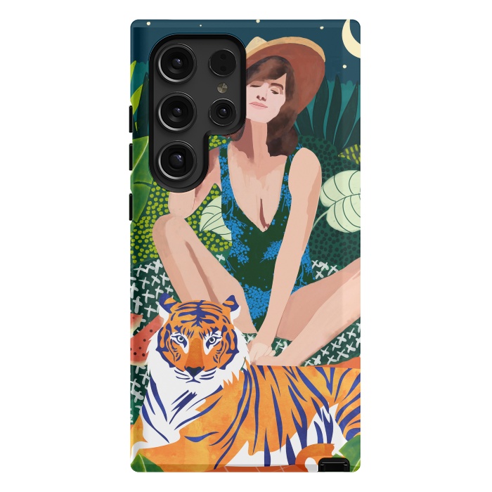 Galaxy S24 Ultra StrongFit Living In The Jungle, Tiger Tropical Picnic Illustration, Forest Woman Bohemian Travel Camp Wild by Uma Prabhakar Gokhale