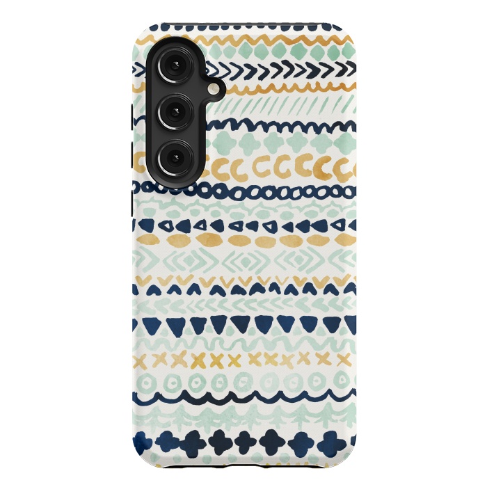 Galaxy S24 Plus StrongFit Navy, Teal & Mustard Tribal by Tangerine-Tane
