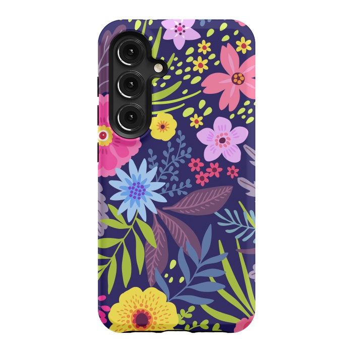 Galaxy S24 StrongFit Amazing seamless floral pattern with bright colorful flowers and leaves on a dark blue background by ArtsCase