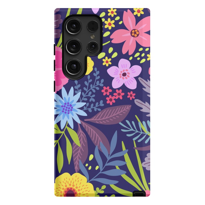 Galaxy S24 Ultra StrongFit Amazing seamless floral pattern with bright colorful flowers and leaves on a dark blue background by ArtsCase