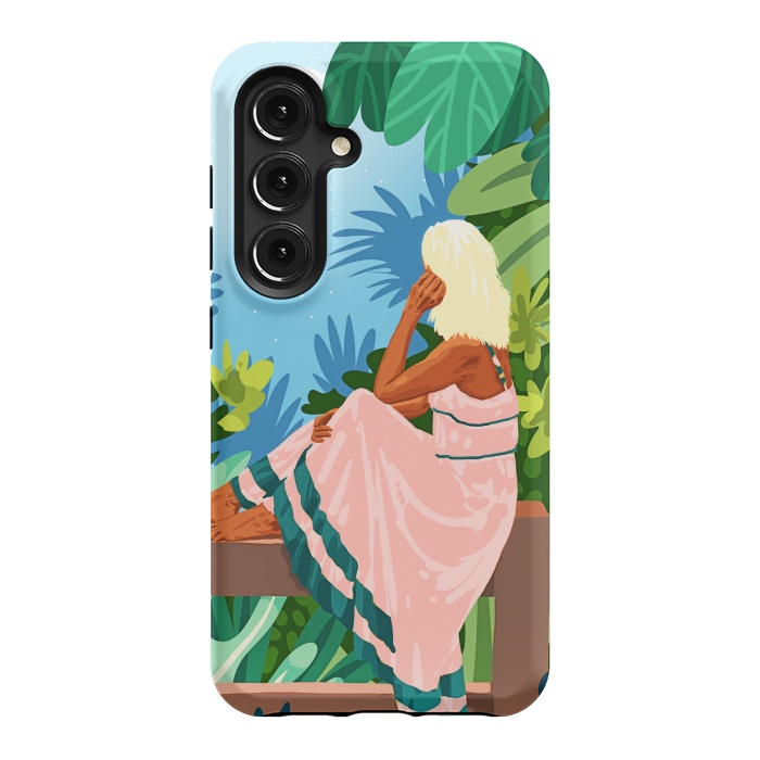 Galaxy S24 StrongFit Forest Moon, Bohemian Woman Jungle Nature Tropical Colorful Travel Fashion Illustration by Uma Prabhakar Gokhale