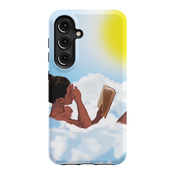 Galaxy S24 StrongFit Reading on Clouds, Black Woman Summer Sunny Day Book Painting, Bohemian Nude by Uma Prabhakar Gokhale