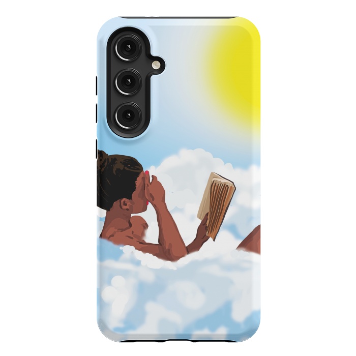 Galaxy S24 Plus StrongFit Reading on Clouds, Black Woman Summer Sunny Day Book Painting, Bohemian Nude by Uma Prabhakar Gokhale