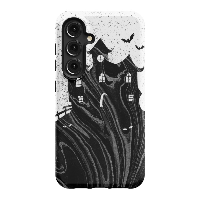 Galaxy S24 StrongFit Halloween haunted house - black and white splatter and brushstrokes by Oana 