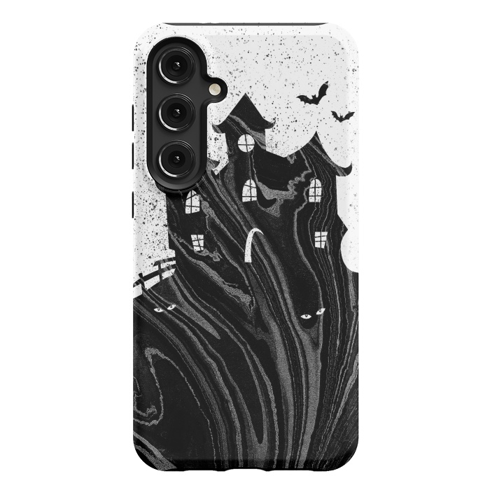 Galaxy S24 Plus StrongFit Halloween haunted house - black and white splatter and brushstrokes by Oana 