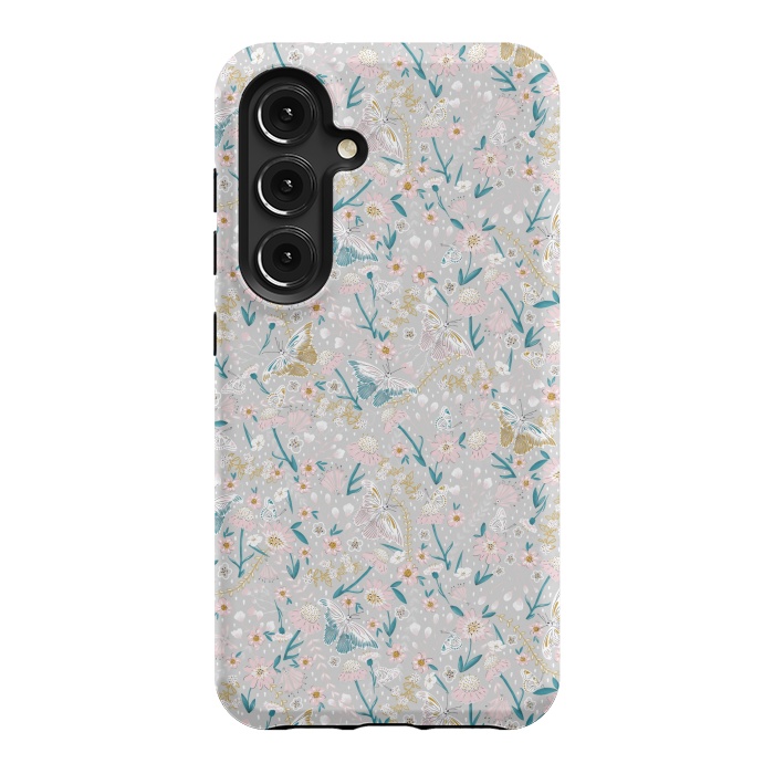 Galaxy S24 StrongFit Delicate Daisies and Butterflies half-drop repeat pattern by Paula Ohreen