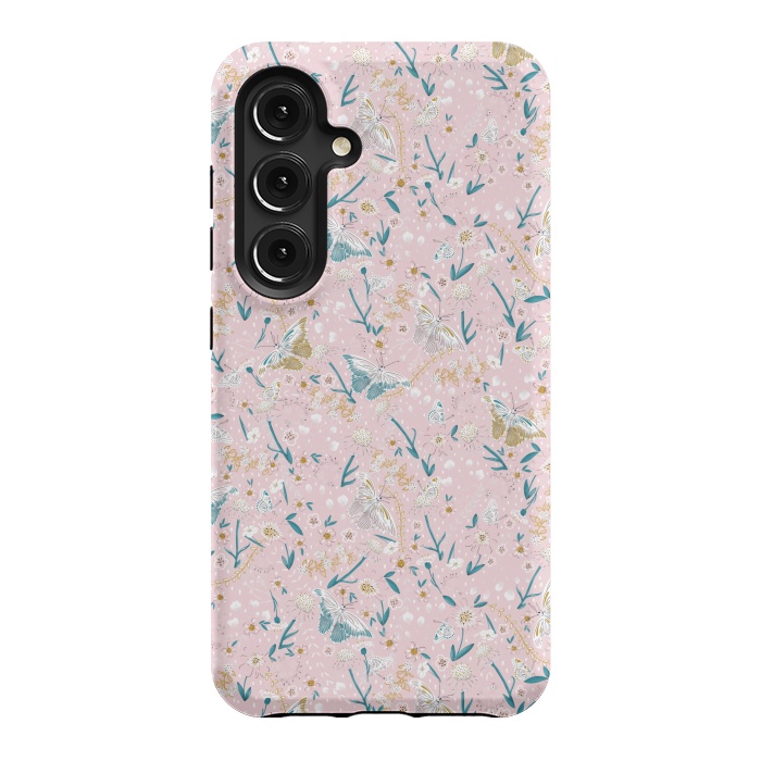 Galaxy S24 StrongFit Delicate Daisies and Butterflies half-drop repeat pattern on Pink by Paula Ohreen