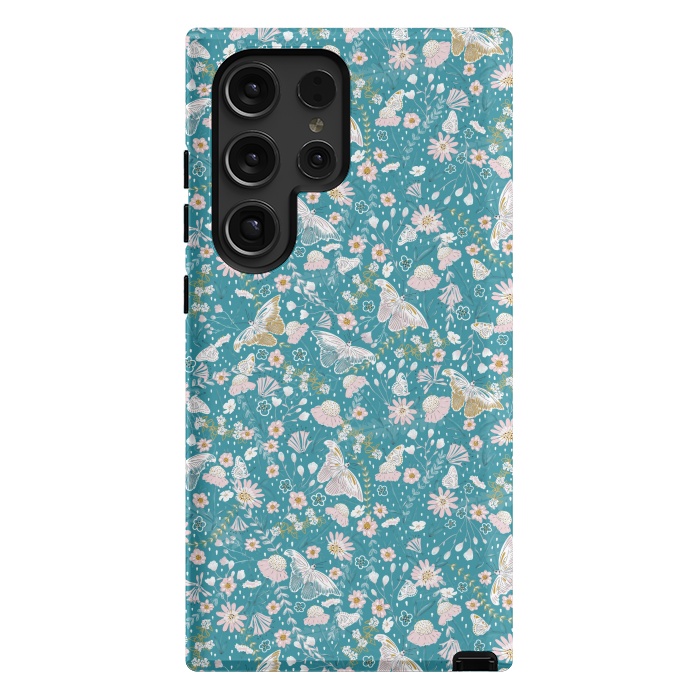 Galaxy S24 Ultra StrongFit Delicate Daisies and Butterflies half-drop repeat pattern on Blue by Paula Ohreen