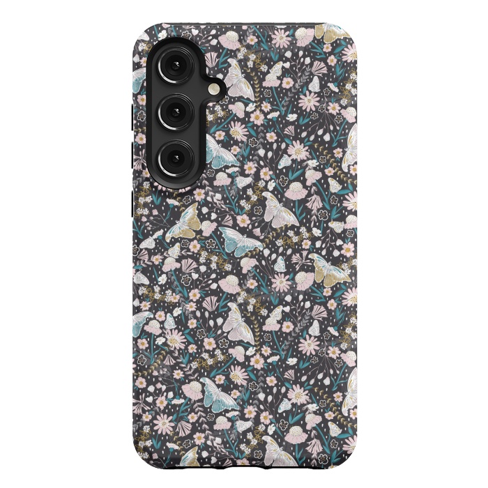 Galaxy S24 Plus StrongFit Delicate Daisies and Butterflies half-drop repeat pattern on Black by Paula Ohreen