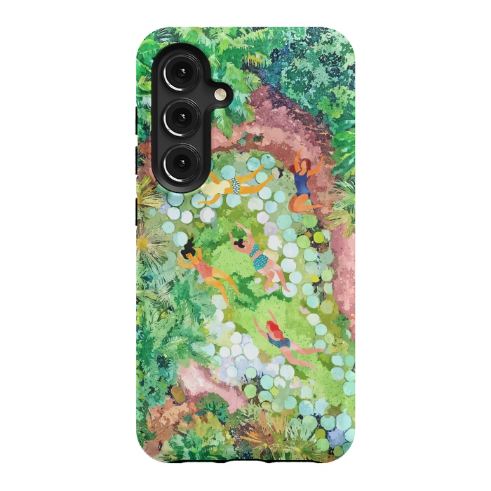 Galaxy S24 StrongFit Tropical Vacay | Rainforest Jungle Botanical Lush Nature | Summer Lake People Swim | Boho Painting by Uma Prabhakar Gokhale