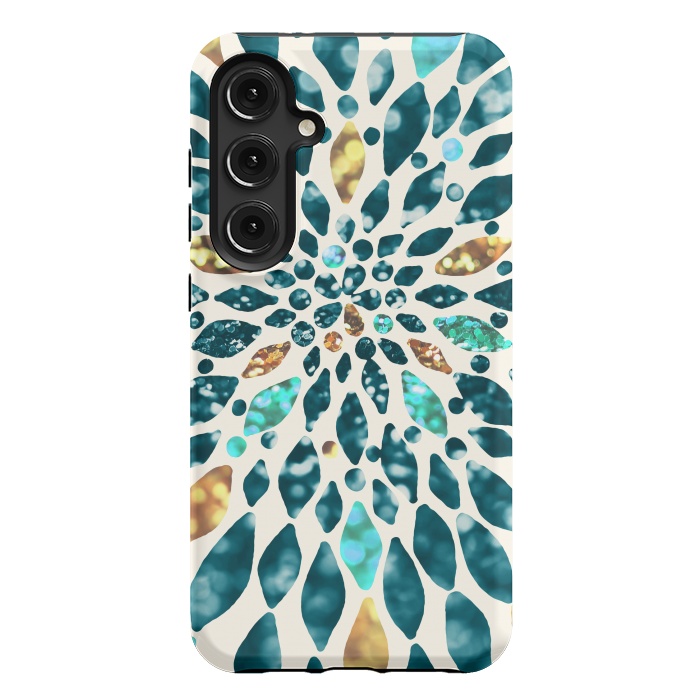 Galaxy S24 Plus StrongFit Glitter Dahlia in Gold, Aqua and Ocean Green by Tangerine-Tane
