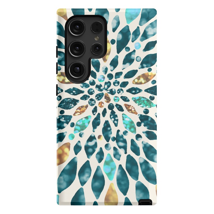 Galaxy S24 Ultra StrongFit Glitter Dahlia in Gold, Aqua and Ocean Green by Tangerine-Tane