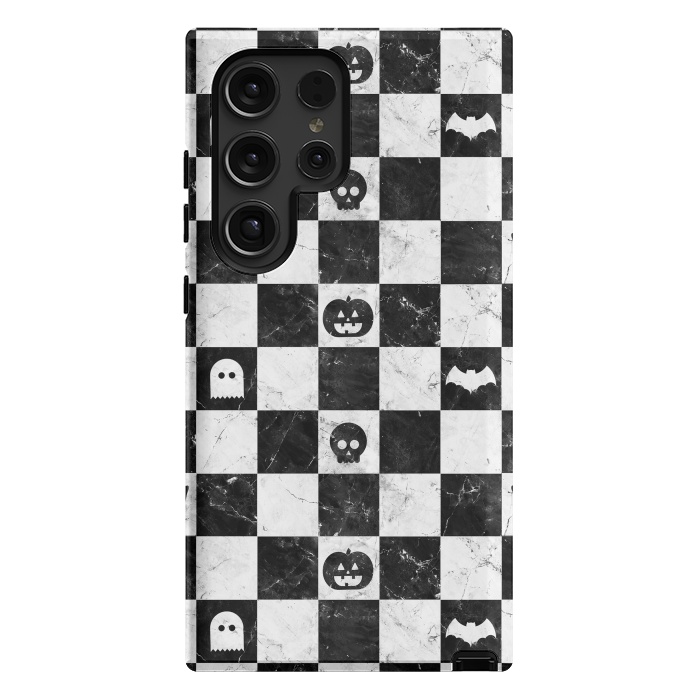 Galaxy S24 Ultra StrongFit Halloween checkered pattern - marble spooky monsters checks by Oana 