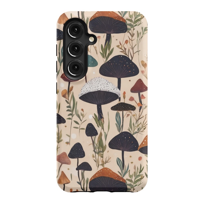 Galaxy S24 StrongFit Mushrooms pattern - mushrooms and leaves cottagecore illustration by Oana 