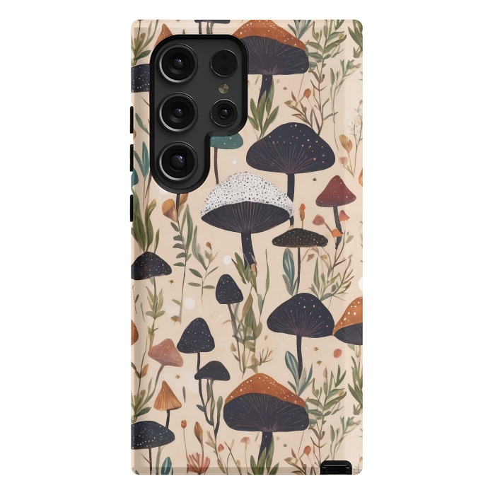 Galaxy S24 Ultra StrongFit Mushrooms pattern - mushrooms and leaves cottagecore illustration by Oana 