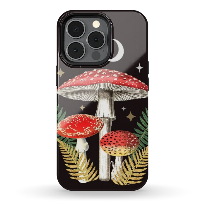 iPhone 13 pro StrongFit Red mushrooms, stars and Moon - whimsical cottagecore forest illustration by Oana 