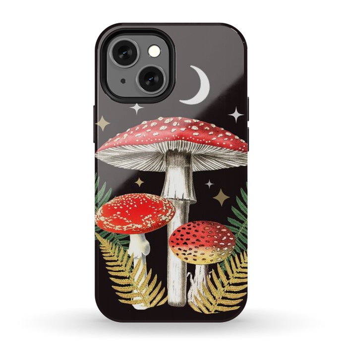 iPhone 13 mini StrongFit Red mushrooms, stars and Moon - whimsical cottagecore forest illustration by Oana 