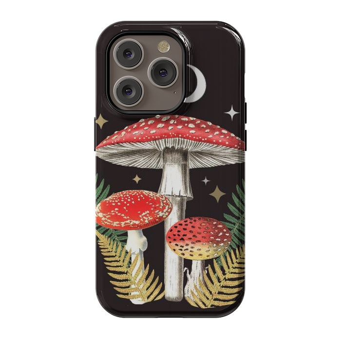 iPhone 14 Pro StrongFit Red mushrooms, stars and Moon - whimsical cottagecore forest illustration by Oana 