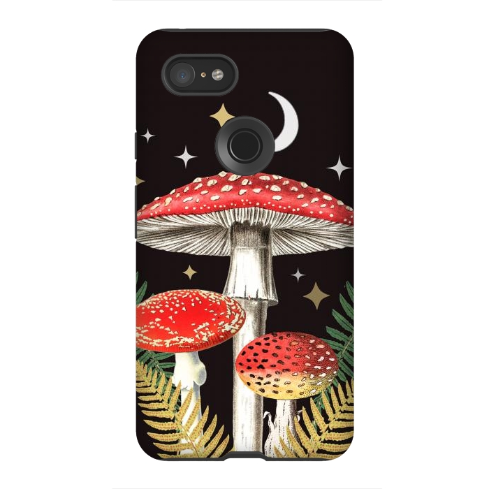 Pixel 3XL StrongFit Red mushrooms, stars and Moon - whimsical cottagecore forest illustration by Oana 