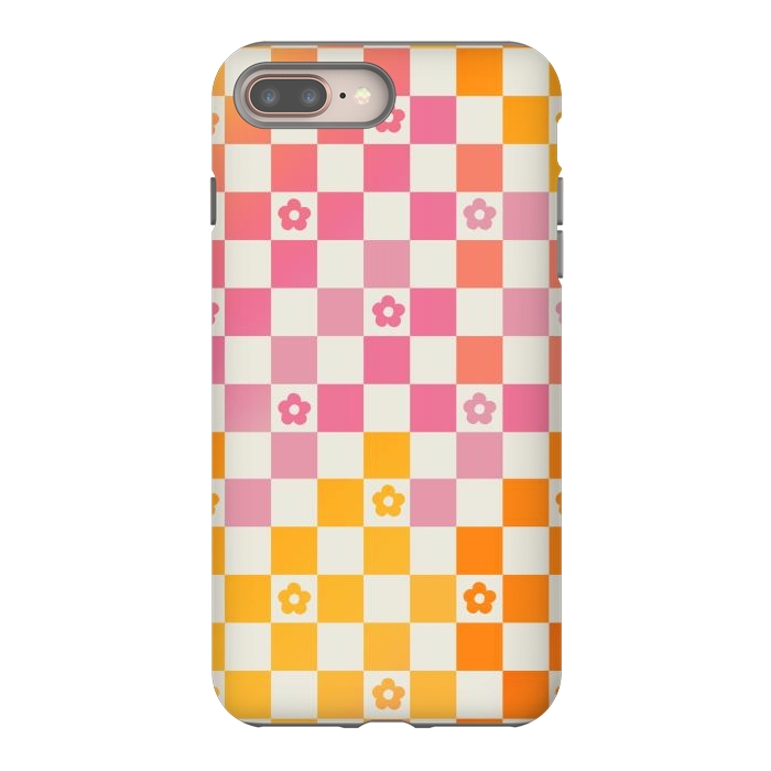 iPhone 7 plus StrongFit Retro checks and daisy flowers - 70s gradient checkered pattern by Oana 