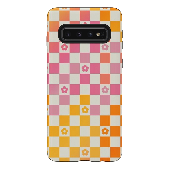 Galaxy S10 StrongFit Retro checks and daisy flowers - 70s gradient checkered pattern by Oana 