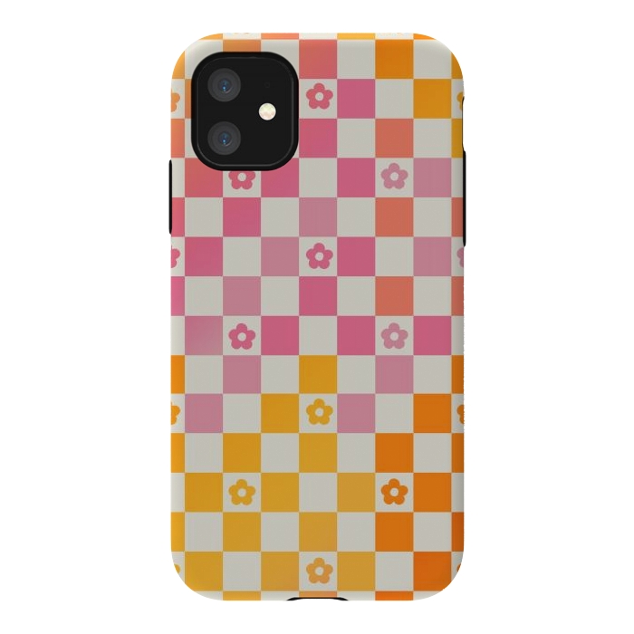 iPhone 11 StrongFit Retro checks and daisy flowers - 70s gradient checkered pattern by Oana 