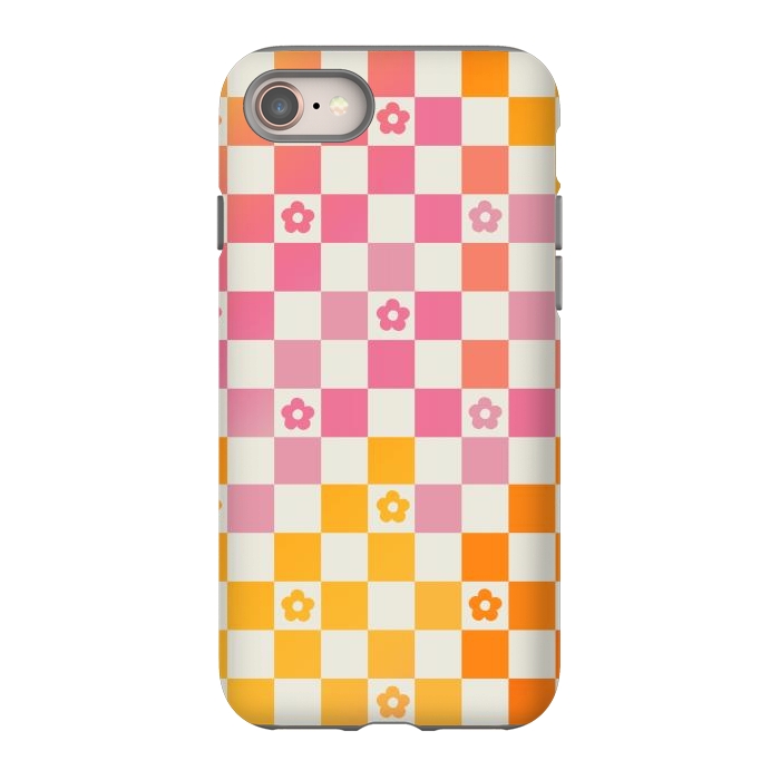 iPhone SE StrongFit Retro checks and daisy flowers - 70s gradient checkered pattern by Oana 