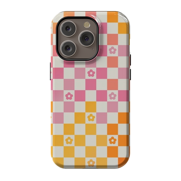 iPhone 14 Pro StrongFit Retro checks and daisy flowers - 70s gradient checkered pattern by Oana 