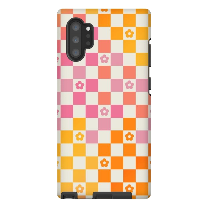 Galaxy Note 10 plus StrongFit Retro checks and daisy flowers - 70s gradient checkered pattern by Oana 