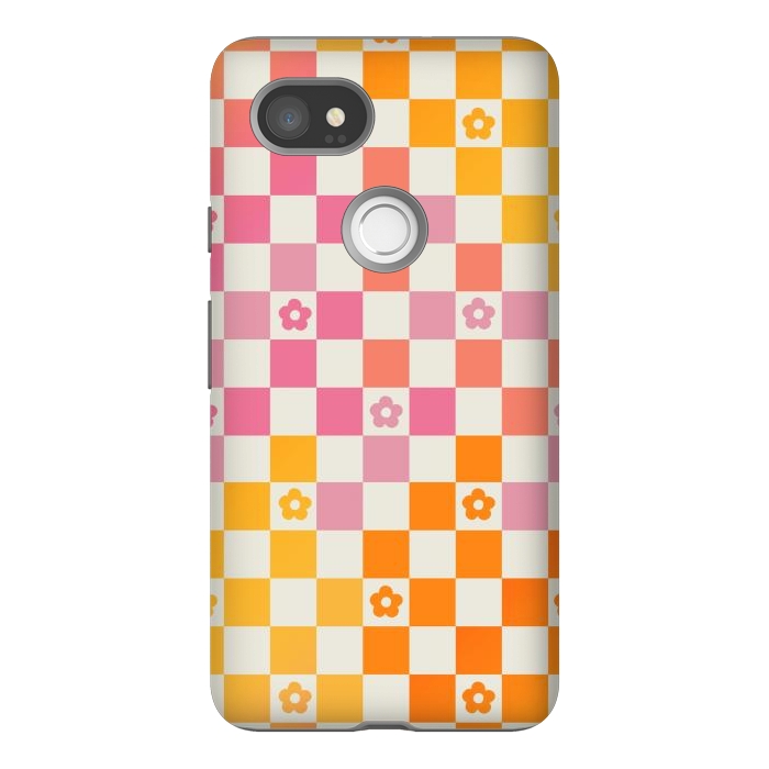 Pixel 2XL StrongFit Retro checks and daisy flowers - 70s gradient checkered pattern by Oana 