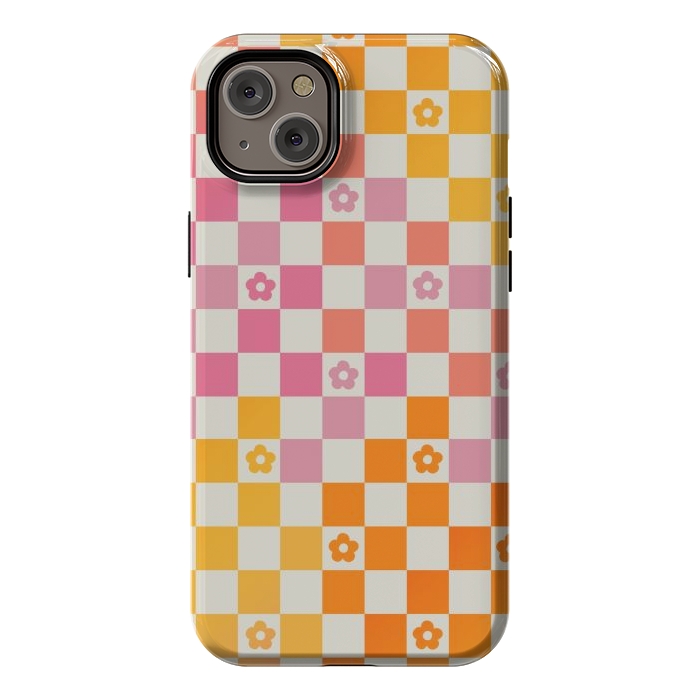 iPhone 14 Plus StrongFit Retro checks and daisy flowers - 70s gradient checkered pattern by Oana 