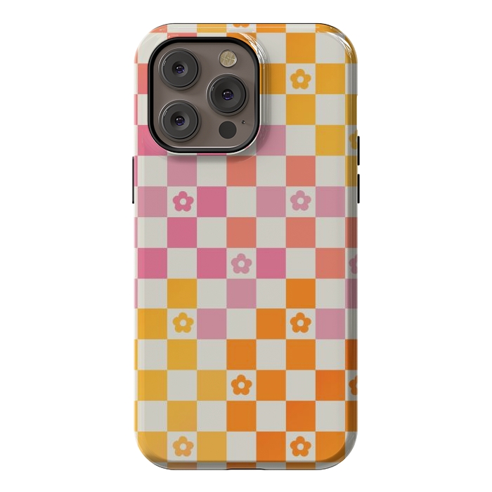 iPhone 14 Pro max StrongFit Retro checks and daisy flowers - 70s gradient checkered pattern by Oana 