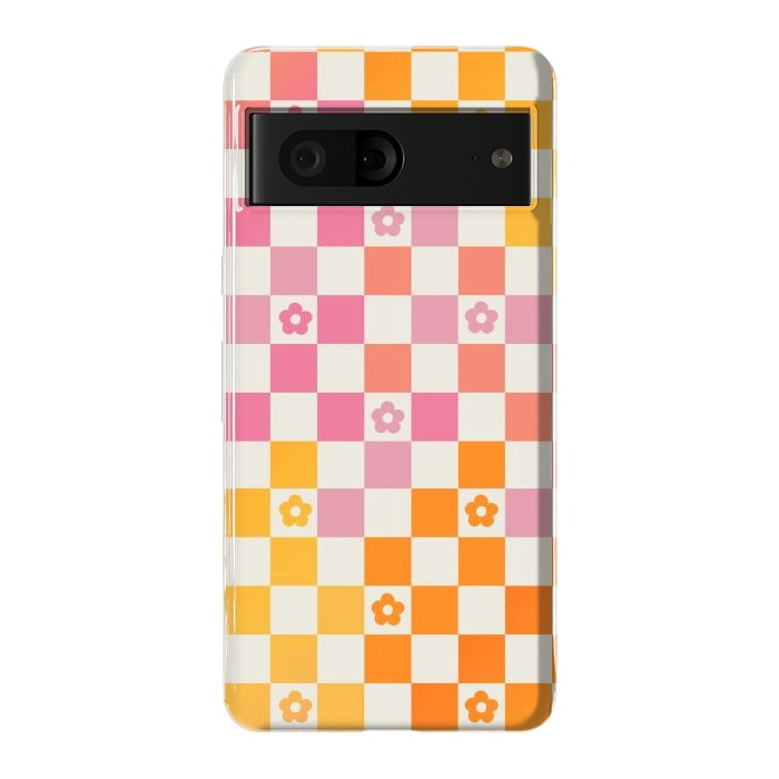 Pixel 7 StrongFit Retro checks and daisy flowers - 70s gradient checkered pattern by Oana 